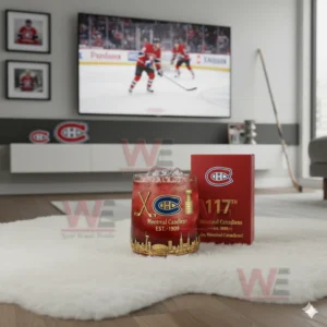 Red Montreal Canadiens drink glass on white rug with hockey game on television!