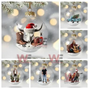 Clear ornaments with western themed holiday scenes including boots skull truck guitarist and winter figures.