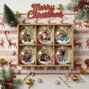 New Morgan Wallen Christmas Ornament 9 Gift box containing six western themed holiday ornaments with snowy miniature scenes.