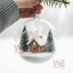Clear ornament with tiny snowy cabin and trees held near a branch!