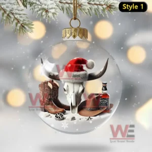 New Morgan Wallen Christmas Ornament 10 Clear ornament with a horned skull in a Santa hat surrounded by cowboy boots and western accessories.