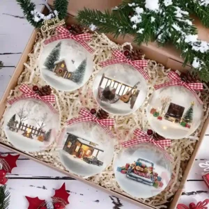 Box of six clear ornaments with miniature winter scenes inside!