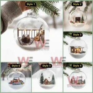 Collage of clear ornaments with various miniature winter scenes!