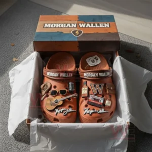 Morgan Wallen Crocs with Charms 7 Boxed Morgan Wallen Crocs with detailed decorative charms and rustic themed packaging!