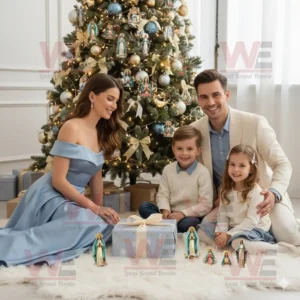 A happy family sitting on a white rug beside a Christmas tree decorated with Mother Mary ornaments and presents around them in a bright festive room!