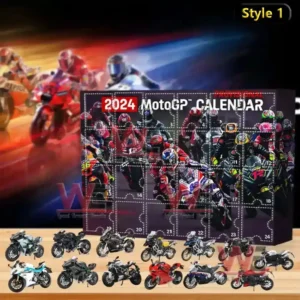 An image of a MotoGP Style 1 advent calendar showing riders in competition and collectible mini motorcycles arranged in front of the box!