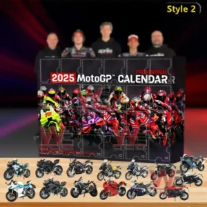 A detailed MotoGP Style 2 advent calendar for 2025 showing racing riders and collectible motorcycles arranged neatly in front of the box!
