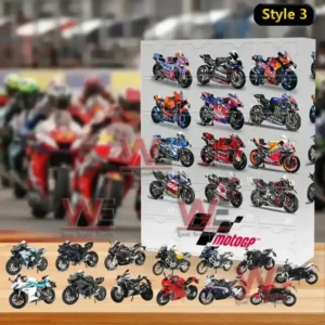 An image of a MotoGP Style 3 advent calendar featuring various motorcycle models and collectible mini bikes positioned in front of the box!