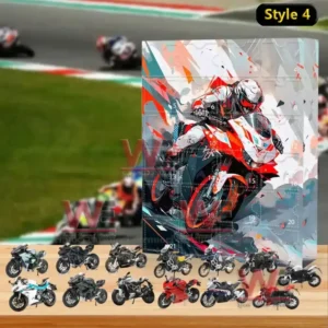 A vivid MotoGP Style 4 advent calendar showing a speeding racer and collectible motorcycle models placed in front of the decorated box!