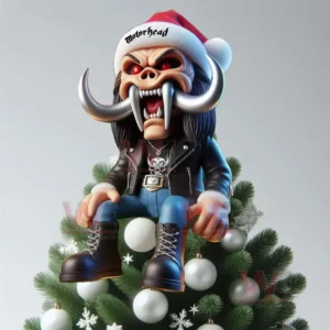 A cartoon heavy metal monster in a Santa hat sitting on a Christmas tree with white baubles and green branches!