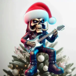 A cartoon skull guitarist with tusks wearing a Santa hat sits on a Christmas tree playing an electric guitar!