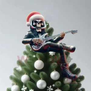 A skeleton guitarist in a Santa hat sitting cross legged on a Christmas tree playing guitar!