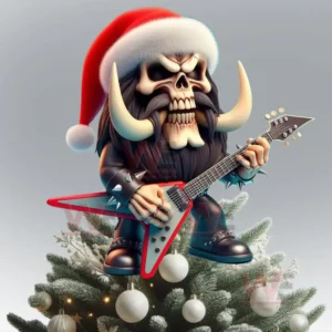 A cartoon skull guitarist with tusks in a Santa hat holding a red V guitar sitting on a Christmas tree!