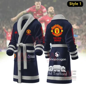 A dark blue robe with gray accents displaying Manchester United logos sponsor marks and a stadium graphic viewed from both angles!