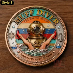 Alt text: A collectible coin with "Muff Diver" and a vintage diving helmet, with legs emerging from water.