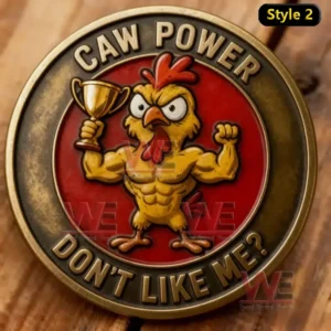 Coin with muscular chicken holding trophy on red background!
