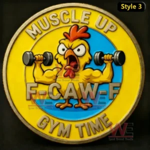 Coin with muscular chicken lifting dumbbells on yellow and blue background!