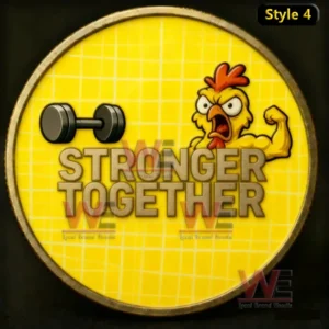 Coin with flexing chicken and dumbbell on yellow background!