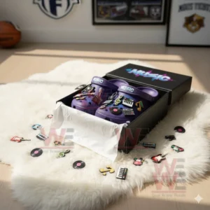 Purple music themed clogs surrounded by musical instrument charms on a fluffy white mat.!