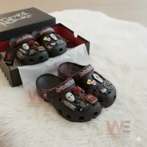 Black My Chemical Romance Crocs with red and white charms and themed accessories in a matching box on soft white fur!
