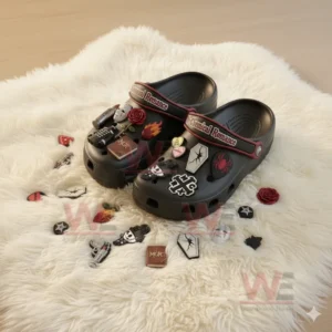 My Chemical Romance Crocs with Charms 5 Black My Chemical Romance Crocs with scattered band related charms and red rose accents on a soft rug!