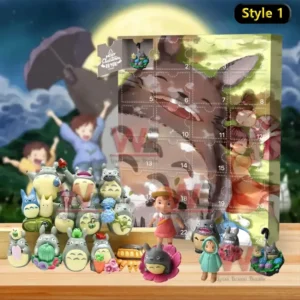 My Neighbor Totoro advent calendar style 1 with Totoro characters and collectible mini figures on a wooden table!