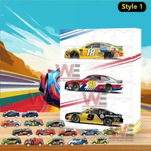 NASCAR advent calendar style 1 with colorful toy race cars displayed on a wooden surface!