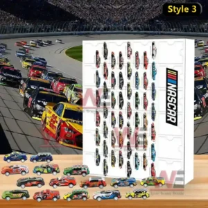 NASCAR advent calendar style 3 with toy race cars and a racetrack crowd background!