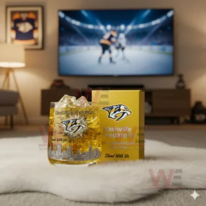 A Nashville Predators anniversary whiskey glass with ice on a white rug in front of a television showing a hockey game.