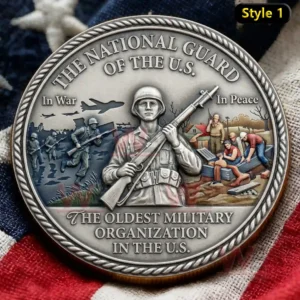 A commemorative coin with a soldier in the center and wartime and peacetime scenes engraved on each side.