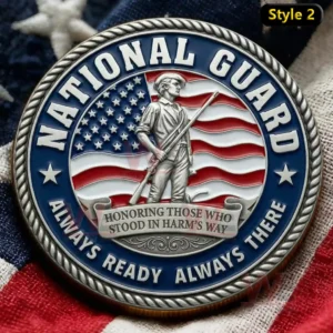 A commemorative coin showing a soldier before an American flag with inscriptions honoring the National Guard.
