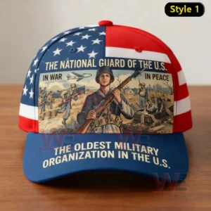 A hat with an American flag design and an illustration of National Guard soldiers in war and peace.