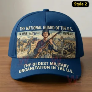 A blue hat with an illustration of National Guard soldiers in war and peace.