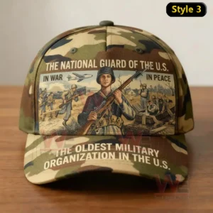 A camouflage hat with an illustration of National Guard soldiers in wartime and peacetime.