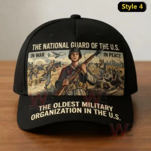 A black hat with an illustration of National Guard service in war and peace.