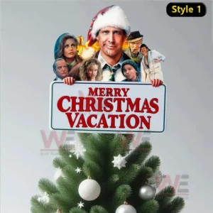A Christmas Vacation inspired tree topper featuring the main character with a Santa hat holding a Merry Christmas Vacation sign surrounded by supporting characters.