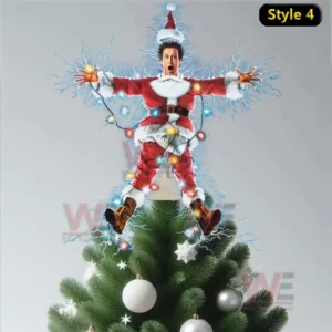 A Santa Claus figure tangled in Christmas lights appearing electrified on top of a decorated Christmas tree.