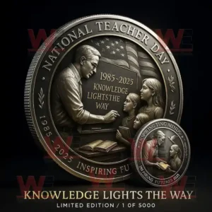 National Teacher Day 40th anniversary coin with teacher and students design chalkboard American flag and engraved educational motto.