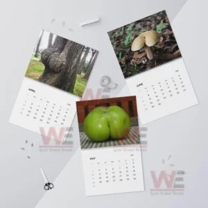 Natures Butt 2026 Wall Calendar 8 Multiple calendar pages for April May and June displaying photos of a tree trunk a mushroom and a green fruit spread across a tabletop!