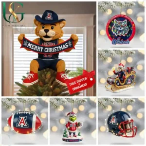 Arizona Wildcats and Navy Midshipmen themed Christmas tree topper and ornaments with mascots and logos.