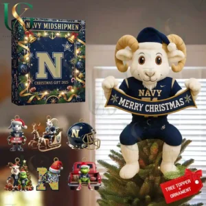 Navy Midshipmen Christmas Tree Topper With Ornament 14 Navy Midshipmen Christmas gift set 2025 with mascot tree topper and ornaments in navy blue and gold.