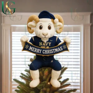 Navy Midshipmen Christmas Tree Topper With Ornament 15 Navy Midshipmen mascot plush tree topper holding Merry Christmas banner wearing Santa hat.