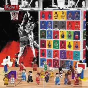An NBA Lego style advent calendar featuring various basketball player mini figures, hoops, and vibrant colored panels representing teams.