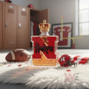Nebraska Huskers bottle on white rug with football helmet and locker room decor!