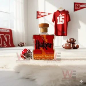 Nebraska Huskers bottle on white rug with footballs helmet and banners!