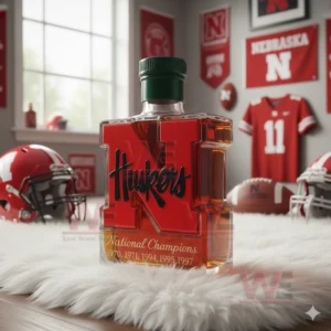Nebraska Huskers bottle on white rug with helmets jerseys and football decor!