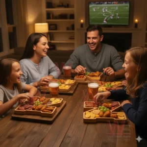 Nebraska Cornhuskers Heritage Platter Board 3 A family enjoys assorted snacks on letter shaped wooden trays while watching a sports game on a screen!
