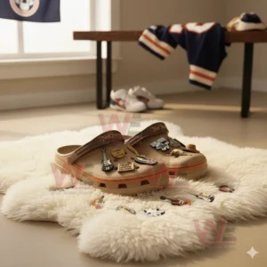 Neil Young themed Crocs on a soft rug with loose charms and a warm rustic background setting!