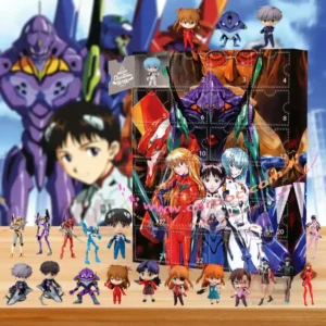 Evangelion advent calendar displayed with many small character figures on a wooden table against an animated mech themed backdrop!