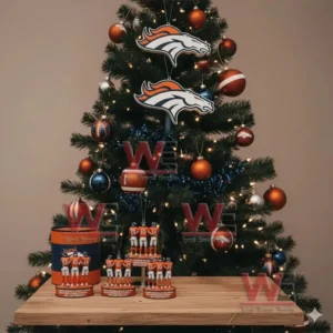 Alt text: A Denver Broncos-themed Christmas tree decorated with team logos and football ornaments, with player figurines on a table.
